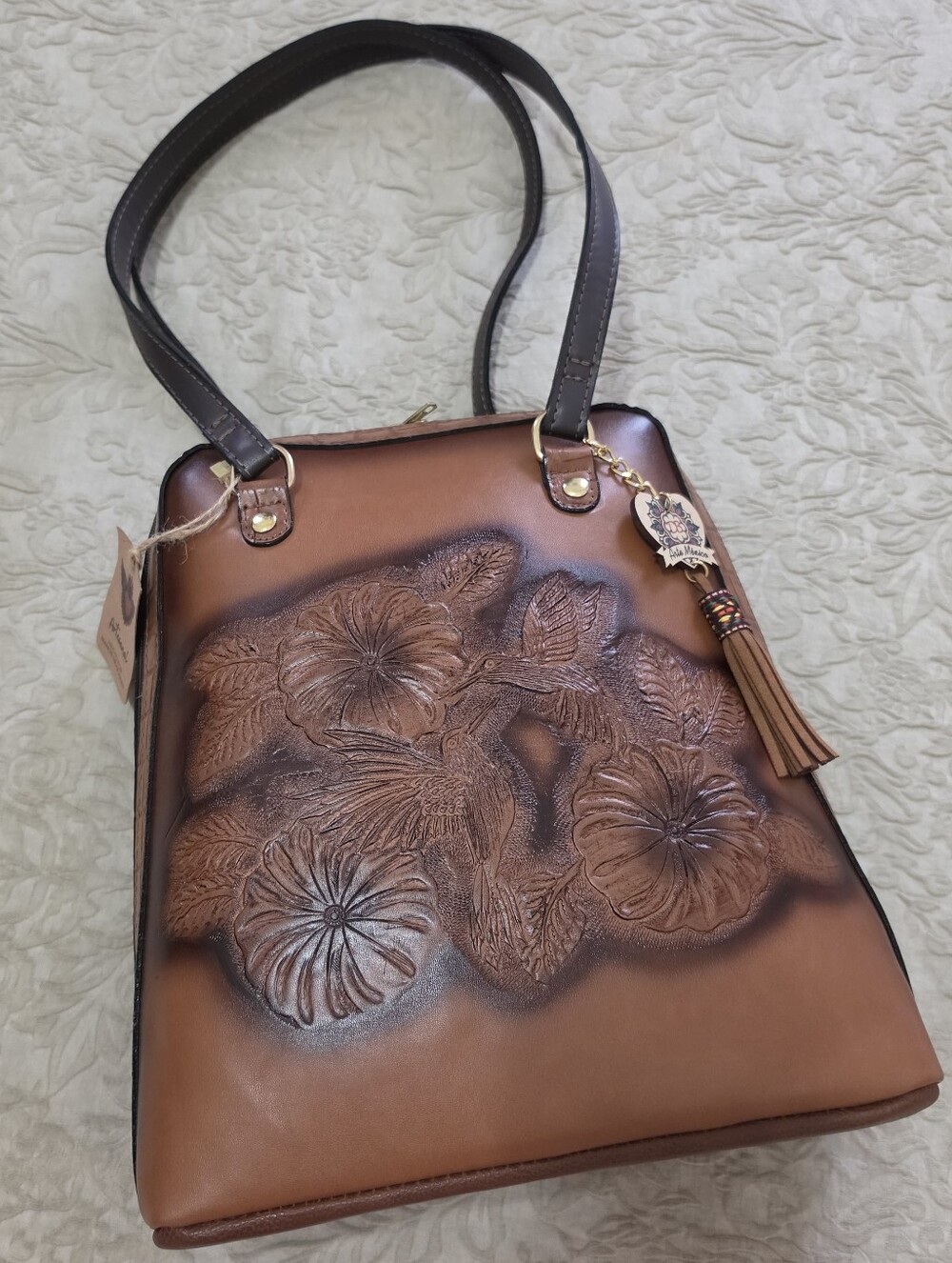 Hand-Tooled Floral Leather Tote Bag / Backpack in Brown
